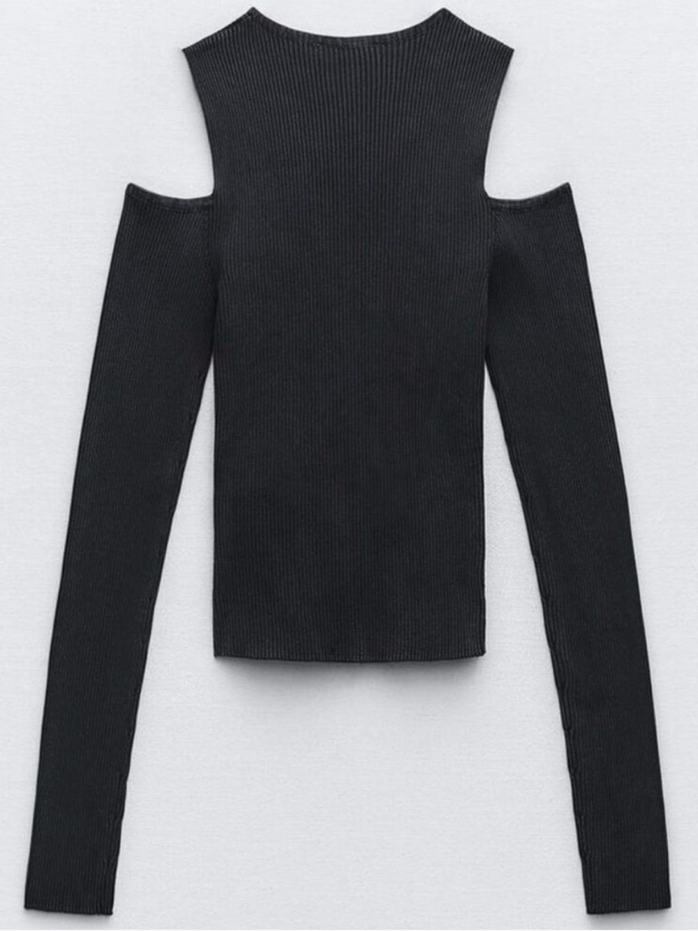 Zara Black Acid Wash Ribbed Cold-Shoulder Cutout Sweater SM - Picture 4 of 11